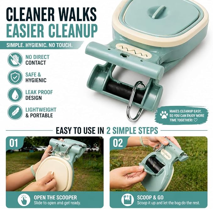 Dog Pooper Scooper with Waste Bag Dispenser – Small Size, Portable, Lightweight, One-Hand Operation, Leak-Proof, Durable Pet Waste Scooper (Green)