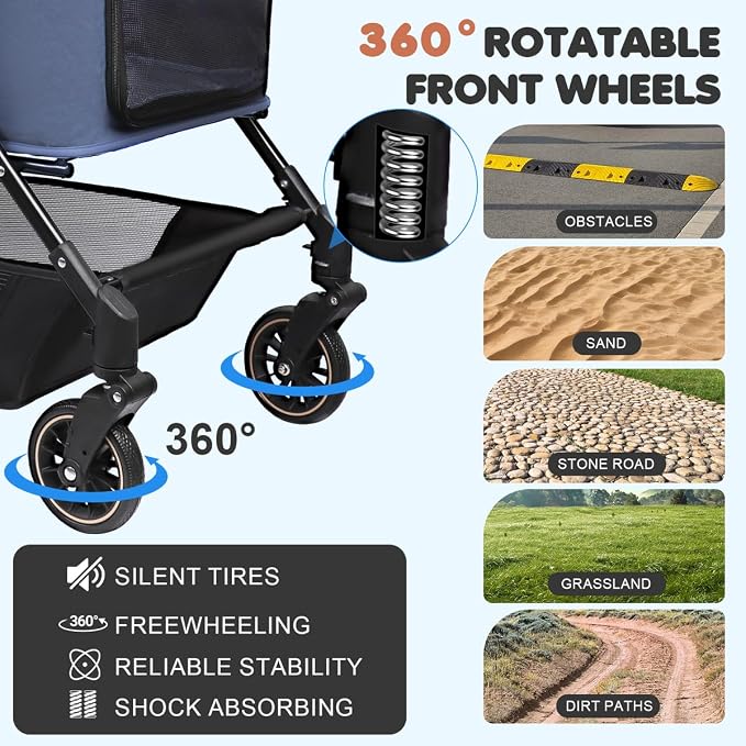 Dog Stroller for Large & Medium Dogs (20–132 lbs), Pet Stroller for 2 Small Dogs, Cat Strollers for 2 Cats, Extra Large Heavy Duty, Foldable & Fully Ventilated Design, Blue