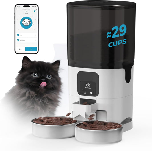 PAPIFEED 7L Automatic Cat Feeders for 2 Cats - 2.4G WiFi Timed Auto Feeder with APP Control, Cat Food Dispenser with Alexa for Multiple Cats, Detachable for Easy Clean, 1-10 Meals Per Day - White