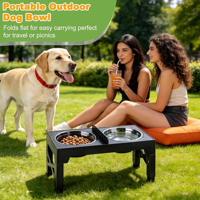 4-in-1 Elevated Dog Bowl Stand with Slow Feeder, 5 Adjustable Heights | Spill-Proof Water Dish, 2 Stainless Steel Bowls, Anti-Mix Divider, Foldable Non-Slip EVA Base, For Small to Large Dogs