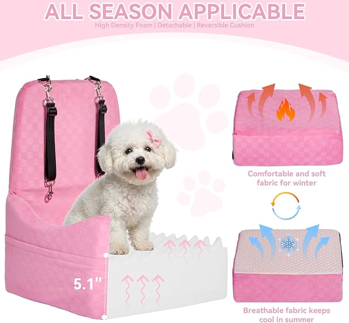 PETSFIT Cat Car Seat with Patented Safety System, 5" Elevated Pad, Pink | Fully Detachable Washable Cover, Memory Foam Dog Booster Seat for Small/Medium Dogs Up to 35 Lbs with 2 Storage Pockets
