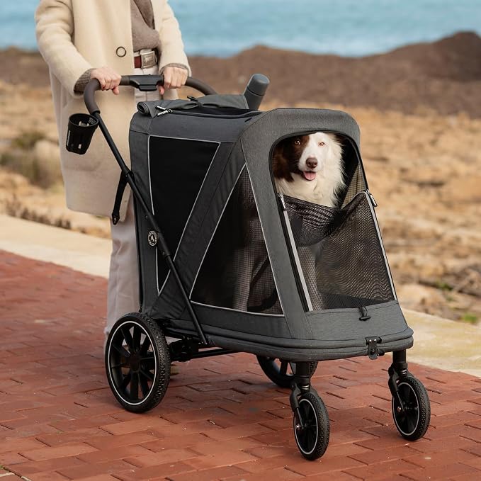 Beberoad Pet Stroller for Medium Dogs, Dog Stroller One-Second Fold, R7 All-Terrain with ER Tires, Mesh Dual-Window, Full Disassembly&Washable Waterproof Oxford Fiber
