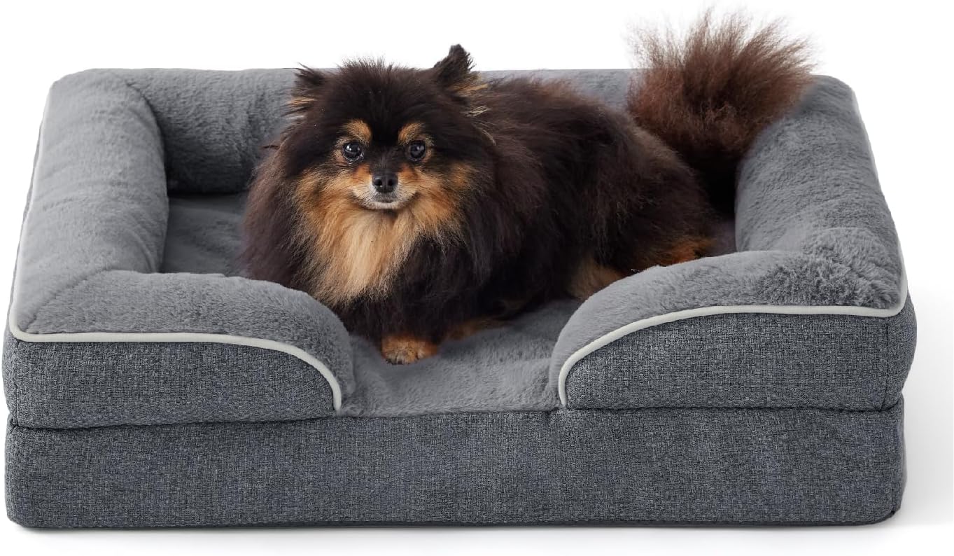 Made4Pets Orthopedic Dog Bed for Small Dogs, Supportive Foam Small Pet Bed Sofa with Washable Removable Cover, Waterproof Dog Couch Bed, Non-Slip Bottom and Egg-Crate Foam, Grey