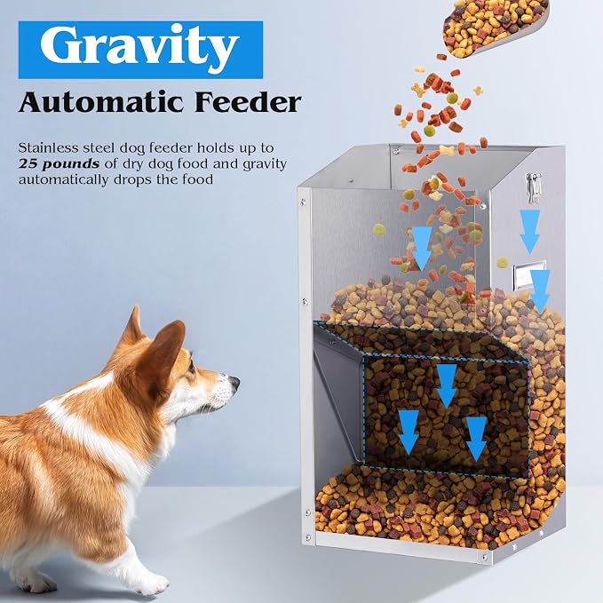 Automatic Dog Feeder Large Breed Stainless Steel Feeder Dispenser | 25LBS Outdoor Dog Feeders for Large Dogs, Automatic Dog Food Dispenser for Large Dogs and Cats