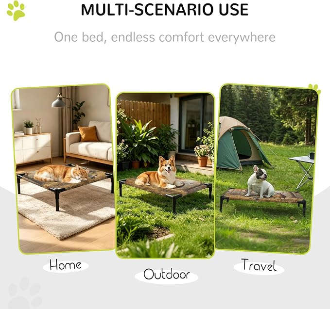 Outdoor Elevated Dog Bed for Large Dogs, Brown Deer Birds Breathable Cooling Raised Dog Cot for Indoor/Outdoor, Autumn Forest Trees Grass Natural Scenery Waterproof Elevated Pet Beds, L 28 x 22 in