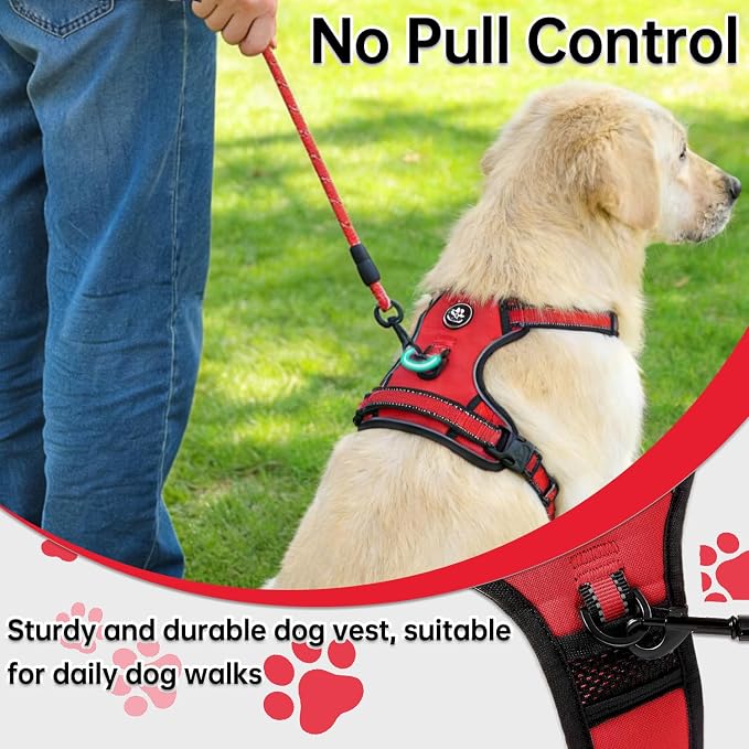 NESTROAD No Pull Dog Harness,Adjustable Oxford Dog Vest Harness with Leash,Reflective No-Choke Pet Harness with Easy Control Soft Handle for Large Dogs(Large,Red)