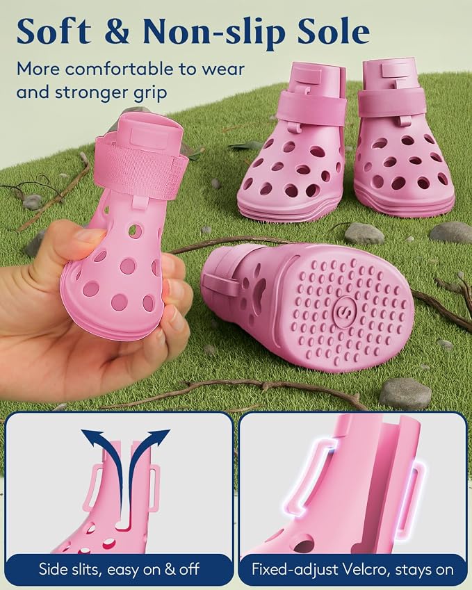 Dog Shoes for Hot Pavement, Breathable Dog Boots Paw Protectors with Adjustable Straps & Non-Slip Sole, Easy On & Off, Waterproof, Easy-Cleaning (Pink, L)