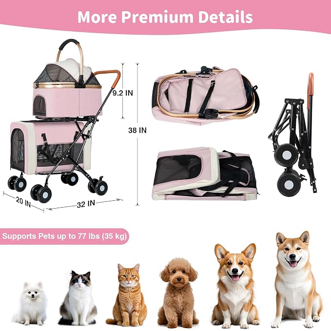 Double Pet Stroller for Dogs and Cats: Dog Stroller Foldable Travel Carriage with Detachable Carriers, Safety Belts, and 4 Lockable Wheels for Small to Medium Pets – Ideal for Multi-Pet Homes (Pink)