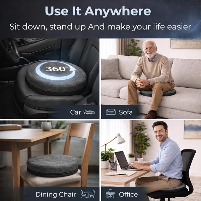 Pack of 2, 360 Degree Swivel Seat Cushion for Easier Sitting and Standing, Mobility Cushion for Chair and Car, Black, 15 Inches,