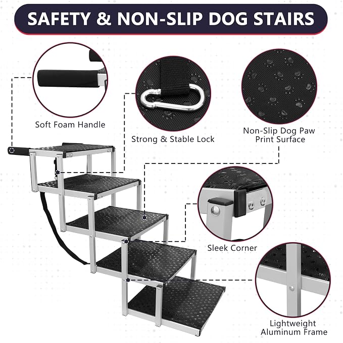 Dog Stairs with Nonslip Surface Portable Folding Pet Ramp for Car, SUV and Trucks Foldable Truck Ramp Stairs for Small to Large Size Dogs Up to 250LBS