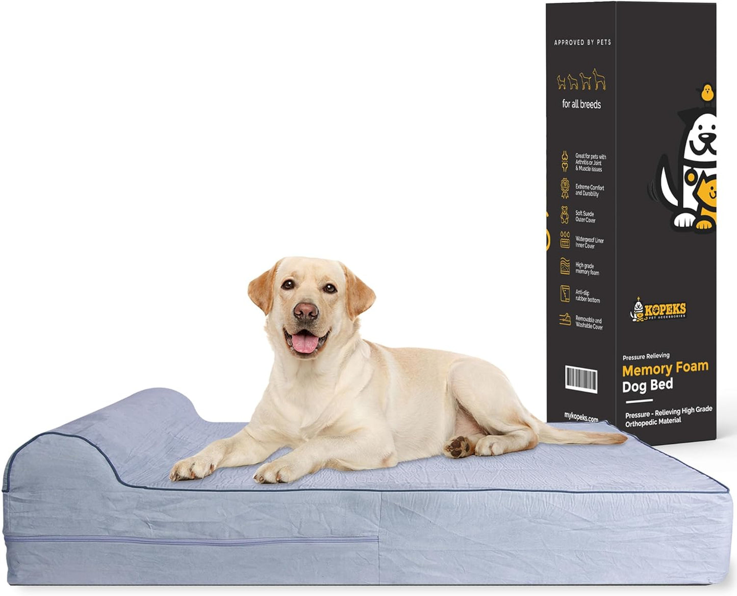 KOPEKS Orthopedic Memory Foam Dog Bed 7" Inch Thick Extra Large Dog Bed With Pillow Grey 50"x34"x10" Includes Waterproof Liner and Durable Removable Cover With Smart Design