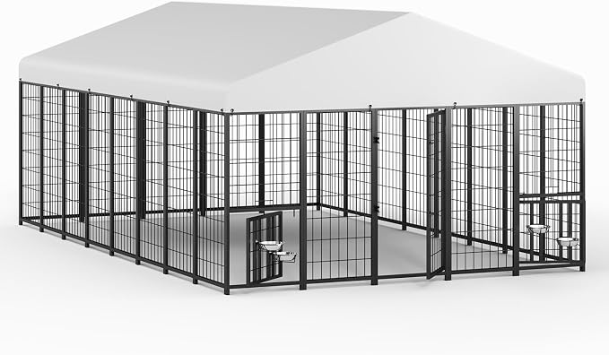 LOVMOR 16' x 10' Outdoor Dog Kennel with Roof for Large Dogs | Heavy duty steel frame, waterproof canopy, double latch door, adjustable feeding bowls for yards and patios