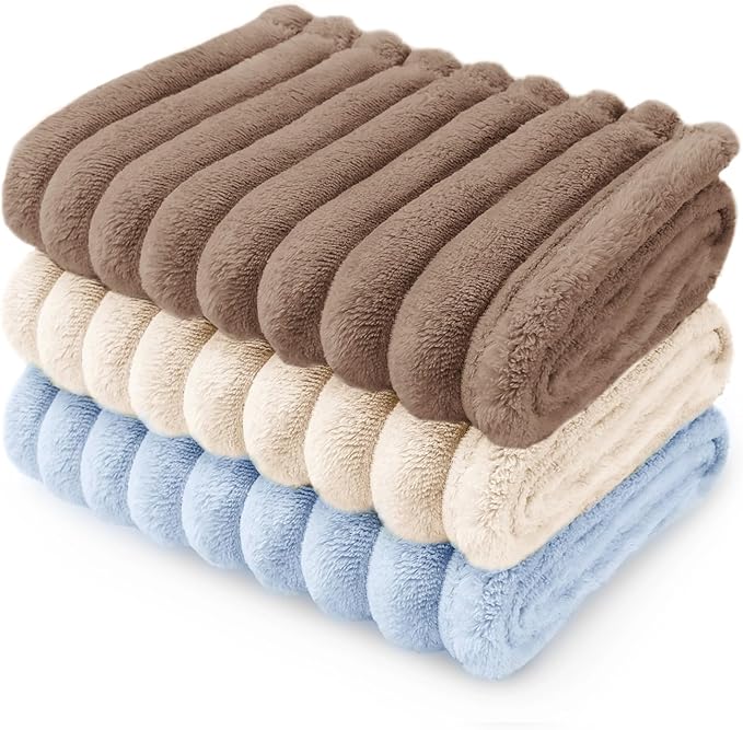 LINENLUX 1 Pack 3 Soft Dog Blanket Washable Warm Fleece Cat Blankets for Pet Puppy Fluffy Calming Flannel Brown/White/Blue Small