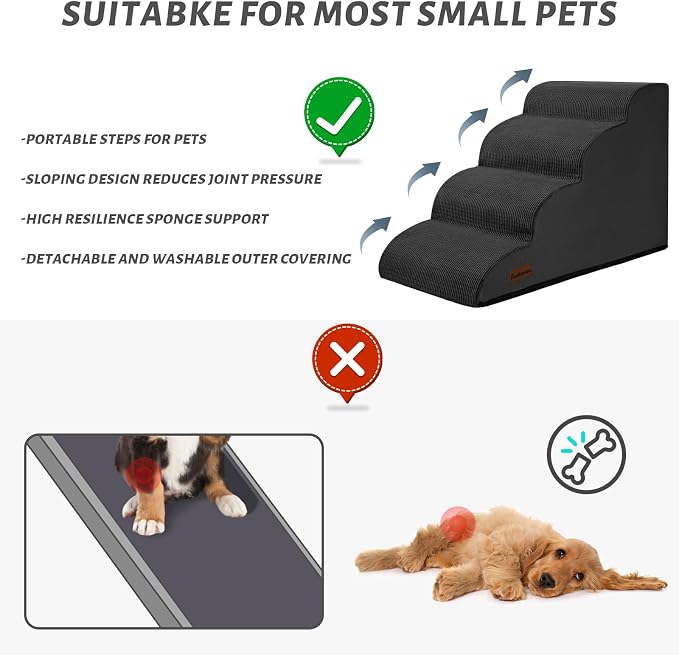 Aodisman Dog Steps for Bed or Couch,4-Step Pet Stairs Ramp for Small Dogs | 17.4" H Indoor Non-Slip Dog Stairs Help Senior Dogs,Short-Legged Breeds,Puppies and Cats to Reach Beds and Chairs,Grey,Black