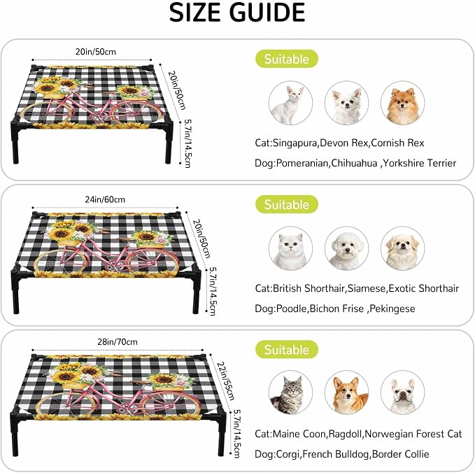Outdoor Elevated Dog Bed for Large Dogs, Sunflowers Bicycle Breathable Cooling Raised Dog Cot for Indoor/Outdoor, Summer Budding Botanical Floral Lattice Waterproof Elevated Pet Beds, L 28 x 22 in
