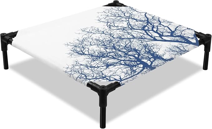 Outdoor Elevated Dog Bed for Small Dogs, Modern Tree Branches Breathable Cooling Raised Dog Cot for Indoor/Outdoor, Contemporary Sky Blue Botanical Waterproof Elevated Pet Beds, S 20 x 20 in