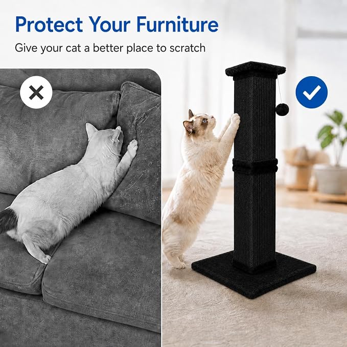 Vertical Cat Scratching Post for Indoor Cats, Sisal Scratch Tower with Soft Plush Base & Ball, 32'' Tall Cat Scratcher Column for Kittens and Adult Cats, Furniture Protection, Full Black