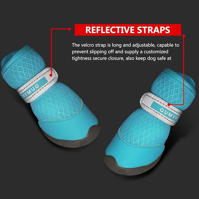 QUMY 4PCS Dog Shoes for Small Dogs, Hot Pavement Summer Puppy Dog Boots & Paw Protectors with Soft Anti-Slip Rubber Sole, Mesh Breathable Dog Booties for Hardfloors, Walking Running Blue Size 1