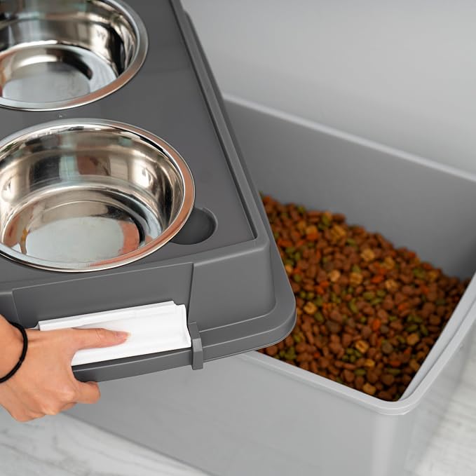 IRIS USA Elevated Dog Bowls 15" H, up to 47 lb Storage, Gray/Dark Gray | Made in the USA, Comes with 2 Stainless Steel Bowls (64 oz), Elevated Feeder, Reduce Strain, Perfect for Camping & Outdoors