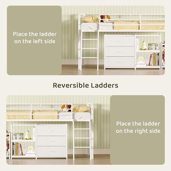 Bonnlo Low Loft Bed with 3 Drawers, 2-Tier Storage Shelf and Toy Storage Basket, Metal loft Bed Twin Size with LED Lights and Safety Guardrail for Kids (White)