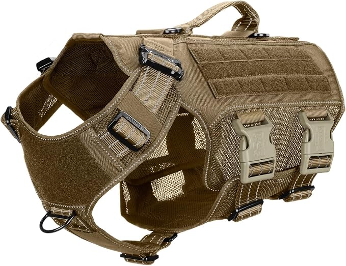 ICEFANG Tactical Mesh Dog Harness for Medium Dogs,Reflective Dog Molle Vest | Summer-Cooling, Control Handle,Adjustable,Front Hook,3 Leash Clips,Soft Padded,No Pull,Brown,Medium