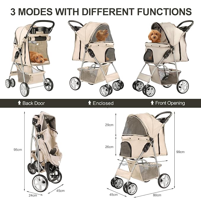 Pet Stroller for Small Dogs and CatsQuick-Folding Portable Travel Cat Dog Stroller with Storage Basket and Cup Holder, 4 Wheels, Gray