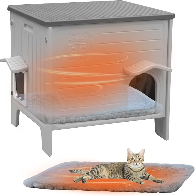 Cat House Outside with Soft Mat for Winter Plastic Cat House Outdoor | Waterproof Feral Cat Shelter with Escape Door, Easy to Assemble Easy to Clean