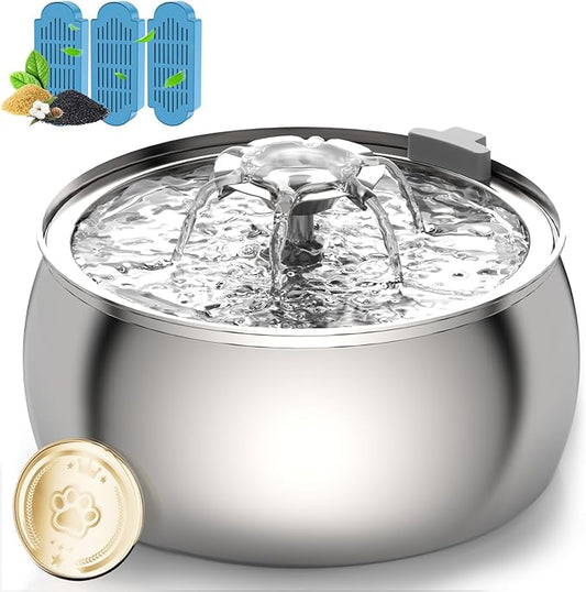 Tomxcute Cat Water Fountain, 4.0L/135oz Stainless Steel Pet Fountain Flower Design, Ultra-Quiet Pump and 3 Replacement Filters & for Cats, Dogs, Multiple Pets
