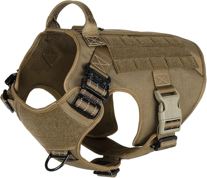 ICEFANG Tactical Dog Harness for Large Dogs,Reflective No Pull Dog Vest | with Control Handle,Adjustable,Front Hook,2 Leash Clips,Soft Padded,MOLLE Panel,Brown,Large