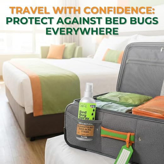 Nature's Dome TSA Approved Travel Bed Bug Spray (3.4 oz) – Natural Bed Bug & Mite Killer, Destroys Eggs on Contact, Non-Staining for Hotel Mattresses & Luggage