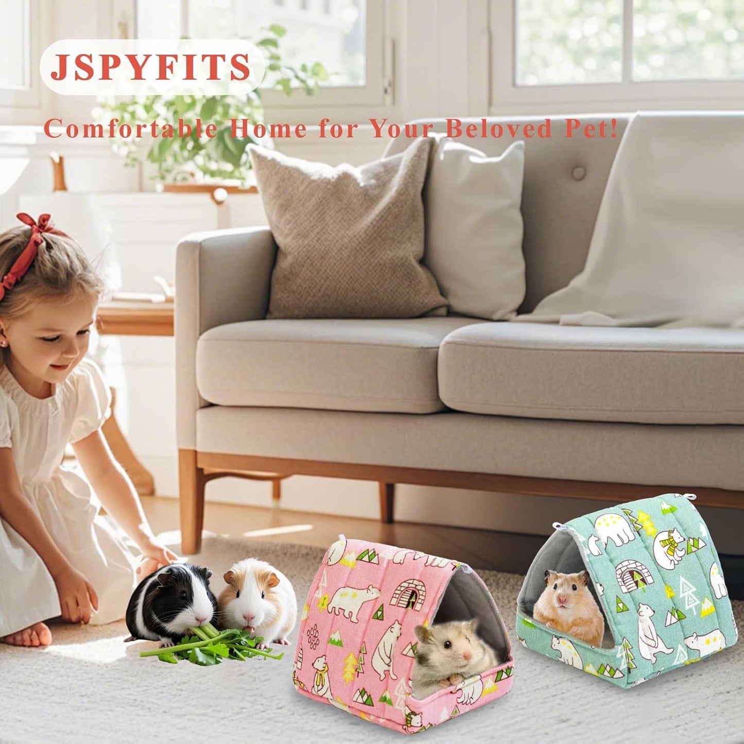 JSPYFITS 2 Pack Guinea Pig Hideout,Small Animal House Guinea Pig Bed Washable Cage Accessories for Small Pet Bunny/Rabbit/Hamster/Chinchilla Guinea Polar Bear Forest