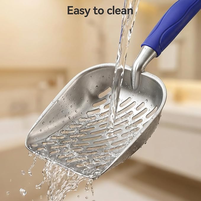 Cat Litter Scoop, Large Long Handle Kitty Metal Scooper | Heavy Duty Aluminum Deep Sifter, Ergonomic Non-Slip Grip, Rustproof Durable Poop Cleaner for Cat Litter Box