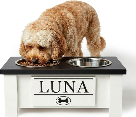 Elevated Dog Bowls for Small Dogs, Personalized Food Stand for Small Breed | Farmhouse Style, Elevated Wood Stand, Storage Container, Stainless Steel Bowls, Raised Anti-Slip Feeder, Made in USA