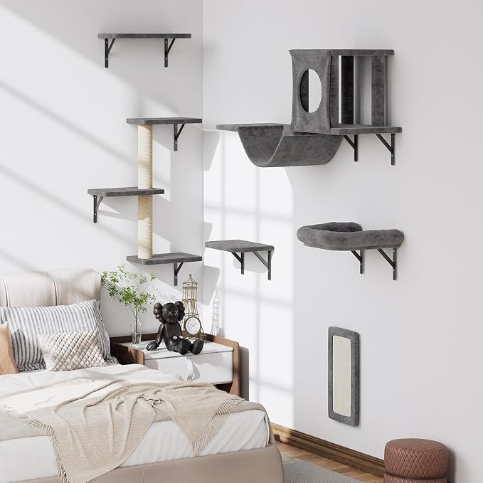 Cat Wall Shelves, 6-in-1 Cat Wall Furniture Set for Large Cats, Cat Climbing Wall Systems with Perch Bed, Condo, Bridge Ladder, Steps, Scratching Post, Dark Gray