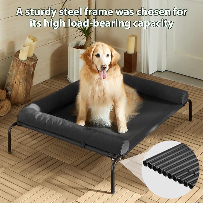 Cooling Elevated Dog Bed for Large Dogs – Waterproof Raised Dog Cot with Slope Headrest, Breathable Teslin Mesh, Durable & Portable Pet Bed for Indoor and Outdoor Use, Black