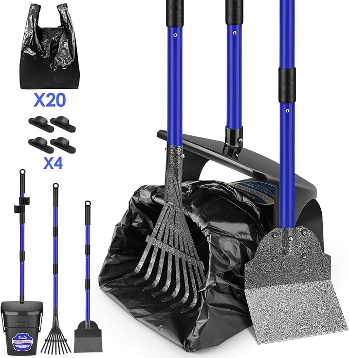 Lukovee Dog Pooper Scooper, 37.4" Long Metal Handle, No Bending Swivel Bin | Portable, Adjustable, Rake Spade Kit, Non-Stick Stainless Steel, 3L Odor-Seal Bin, Works on Grass Gravel Concrete, 20 Bags