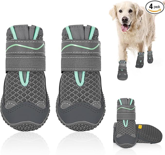 SlowTon Dog Shoes for Large Small Medium Dogs - Breathable Dog Boots for Summer Hot Pavement, Paw Protector for Outdoor Walking Winter Snow, Anti-Slip Rubber Dog Booties for Hardwood Floor (Gray, 3)