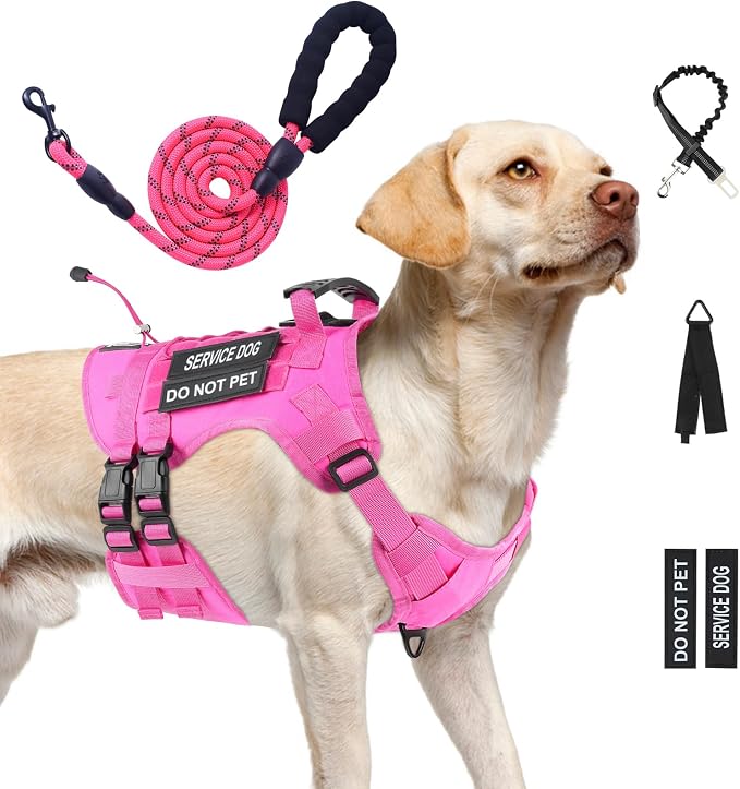 No Pull Tactical Dog Harness for Large Dogs, Service Dog Vest, L, Pink | Tactical Dog Vest Harness and Leash Set, Adjustable Military Service Dog Harness with Handle for Medium Large Dogs