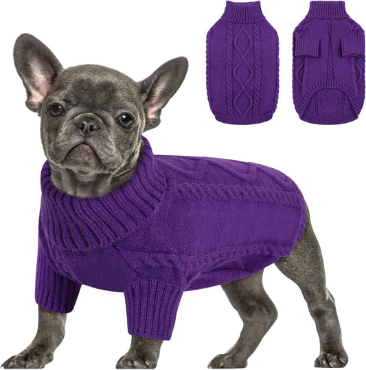 Queenmore Small Dog Pullover Sweater, Cold Weather Cable Knitwear, Classic Turtleneck Thick Warm Clothes for Chihuahua, Bulldog, Dachshund, Pug (Purple, X-Large)