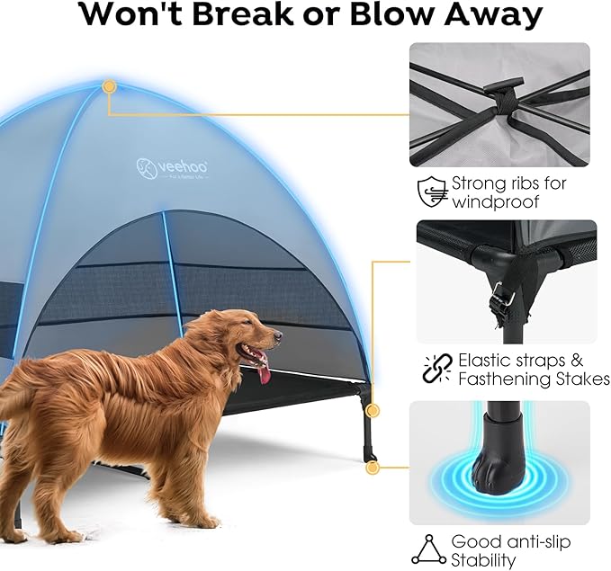 Veehoo Outdoor Dog Bed with Canopy, Cooling Elevated Dog Shade for Outside | Portable Raised Dog Cot with Removable Shade, Sun Protection Dog Tent Outdoor for Camping, Beach, 42" x 33.5", Black