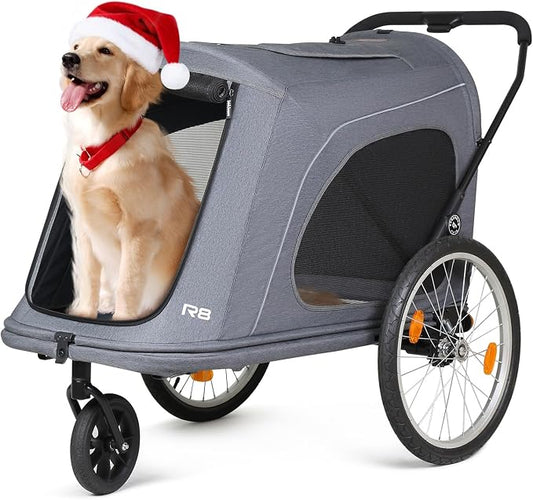 R8 Extra Large Foldable Pet Stroller, Dog Stroller & Pet Trailer for Large Dogs Under 100 lbs, Unmovable, Disabled & Pregnant Dogs - Conveniently Carriable by Bike and Car, Grey
