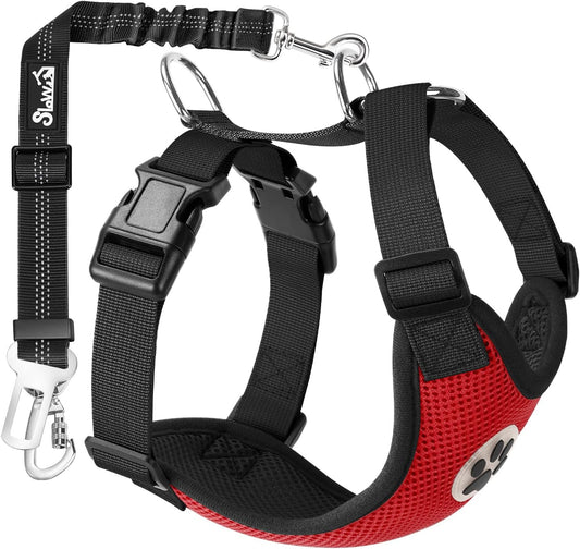 SlowTon Dog Seat Belt Harness for Car, Dog Car Harness Adjustable Mesh Breathable & Dog Seatbelt Safety Tether with Elastic Bungee for Small Medium Large Pets(Red, Double Clip, M)