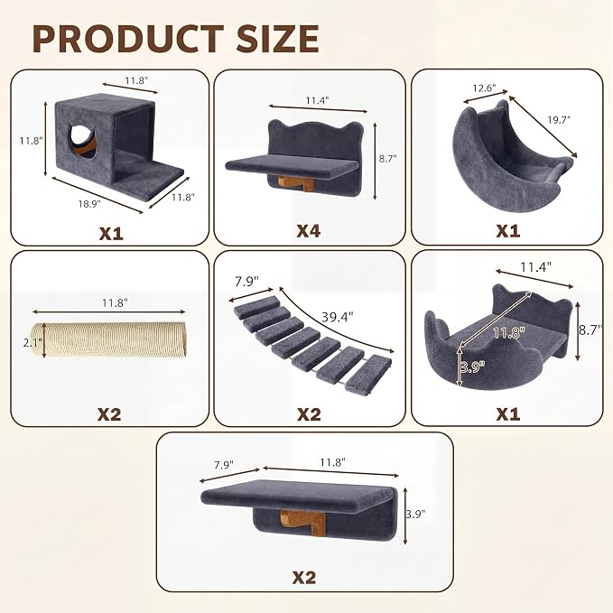 13-in-1 Cat Wall Shelves, Moon & Bridge Cat Wall Furniture, Grey | Wall Mounted Cats Shelf Set with Plush Fabric, Cat Climbing Systems for 16 Inch Drywall, Condo, Scratching Post, Space-Saving