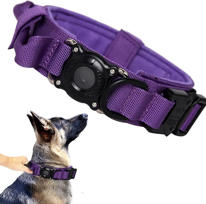 AirTag Dog Collar for Large Dogs Tactical Dog Collar with AirTag Holder | Upgrade Waterproof,Control Handle,Quick-Release Metal Buckle,1000D Nylon Fabric,Soft-Padded Webbing,Velcro Patch(Purple,XL)