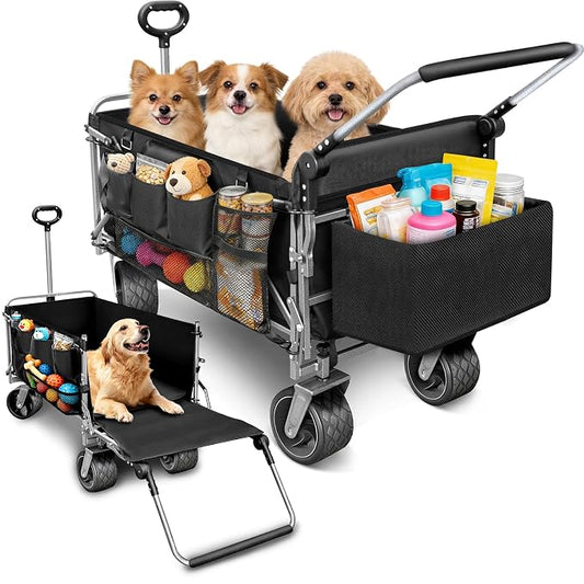 Folding Large Dog Wagon Cart for Senior, Injured & Arthritic Dogs | Heavy Duty Utility Large Dog Stroller Cart Up to 220LBS, All-Terrain, Tailgate, Adjustable Handle, Thick Mat, Storage Baskets