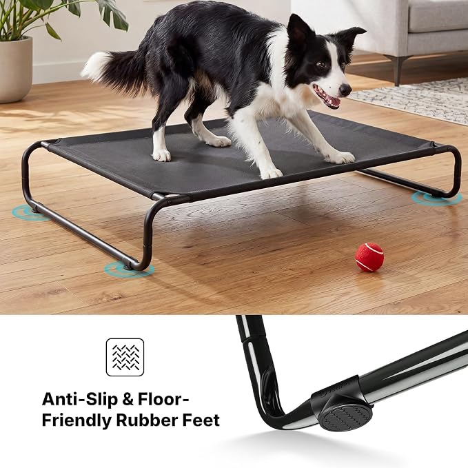 Veehoo Cooling Elevated Dog Bed, Outdoor Raised Dog Bed for Large Dogs | Dog Cot with Thickened Frame, Durable Teslin Mesh & Anti-Slip Rubber Feet, Pet Hammock for Indoor or Camping, 45", Black