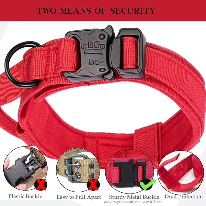 Tactical Dog Collar for Large Dogs with Control Handle,Red,M | 1000D Heavy-Duty Nylon Fabric,Quick-Release Metal Buckle,Adjustable Fit,Soft-Padded Webbing,D-Ring,for Training & Hiking