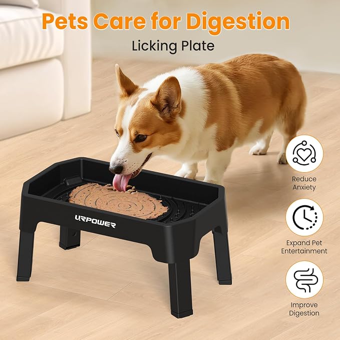 URPOWER 3-in-1 Elevated Dog Bowls - Mess Proof Double Deck 4 Height Adjustable Raised Stand with 2 Stainless Steel Food Bowls & Licking Plate for Small, Medium & Large Dogs (Pack of 2)