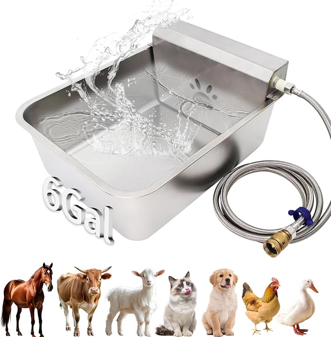 6 Gal Automatic Large Dog Water Dispenser Livestock Water Trough Stainless Steel Waterer Feeder Outdoor Automatic Pet Water Bowl Large Auto Dog Waterer for Big Dogs Cats Chicken Livestock