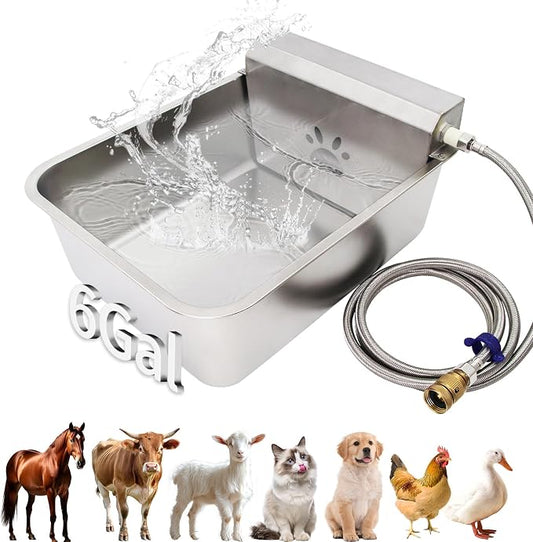 6 Gal Automatic Large Dog Water Dispenser Livestock Water Trough Stainless Steel Waterer Feeder Outdoor Automatic Pet Water Bowl Large Auto Dog Waterer for Big Dogs Cats Chicken Livestock